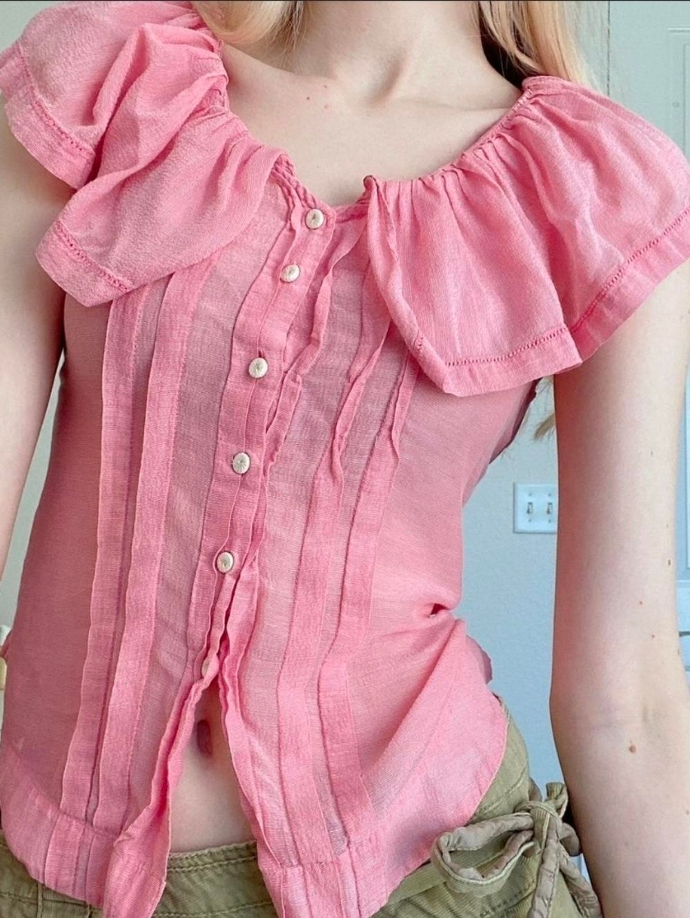 Anthropologie Moulinette Souers Romantic Silk Pink Ruffled Cottagecore Blouse